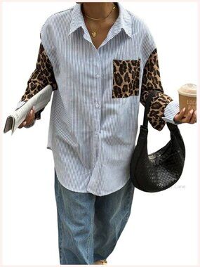 Women's Cheetah Print Striped Button Down Blouse Long Sleeve Boyfriend Fit Shirt
